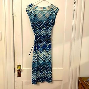 Beautiful blue print dress with matching patent leather belt